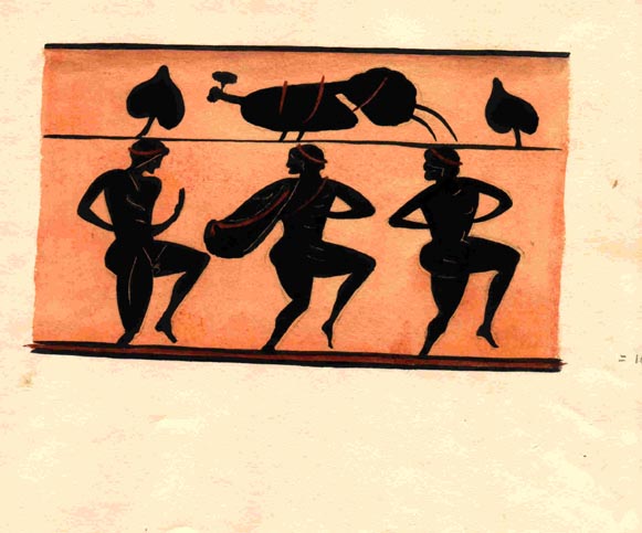 102 Three nude men dancing; black figure